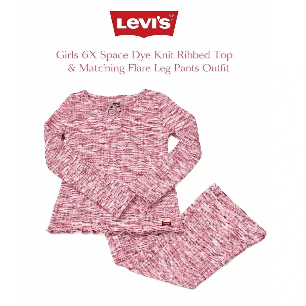 Levis Girls 6X Space Dye Knit Ribbed Top and Matching Flare‎ Pants Outfit Pink